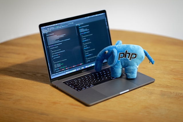 elePHPant mascot on a Fivecubix employee laptop